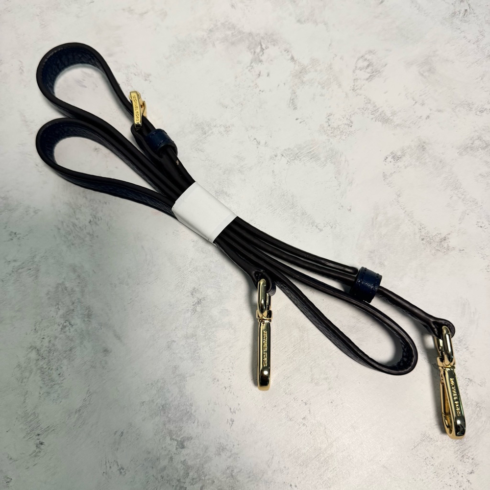 Women's Michael Kors Leather Large Hudson Satchel Tote Navy Blue Gold Logo - Picture 11 of 16